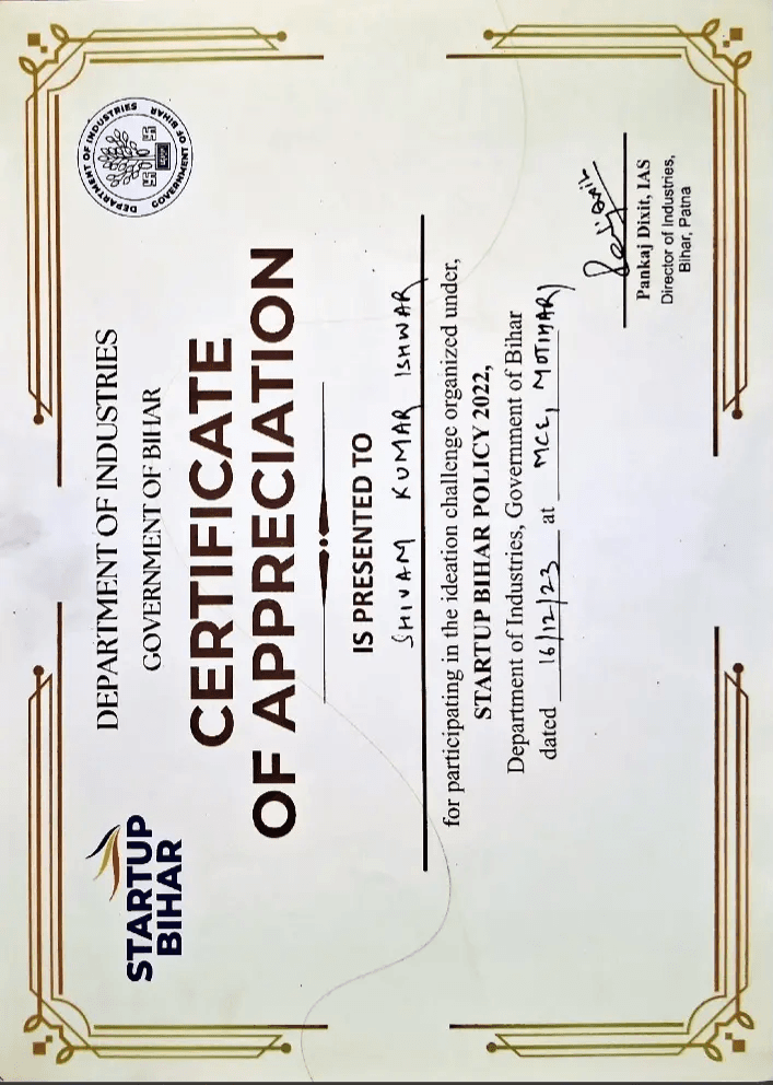 Startup Bihar Certificate of Appreciation
